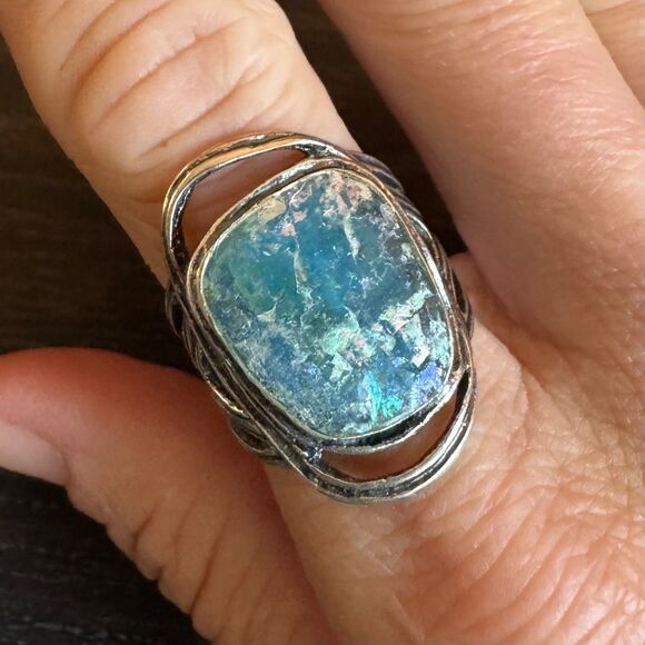 Vintage PZ Israel Roman Glass & Sterling Silver Ring, Size 8.8 by Paz Blue 925 - Picture 4 of 16